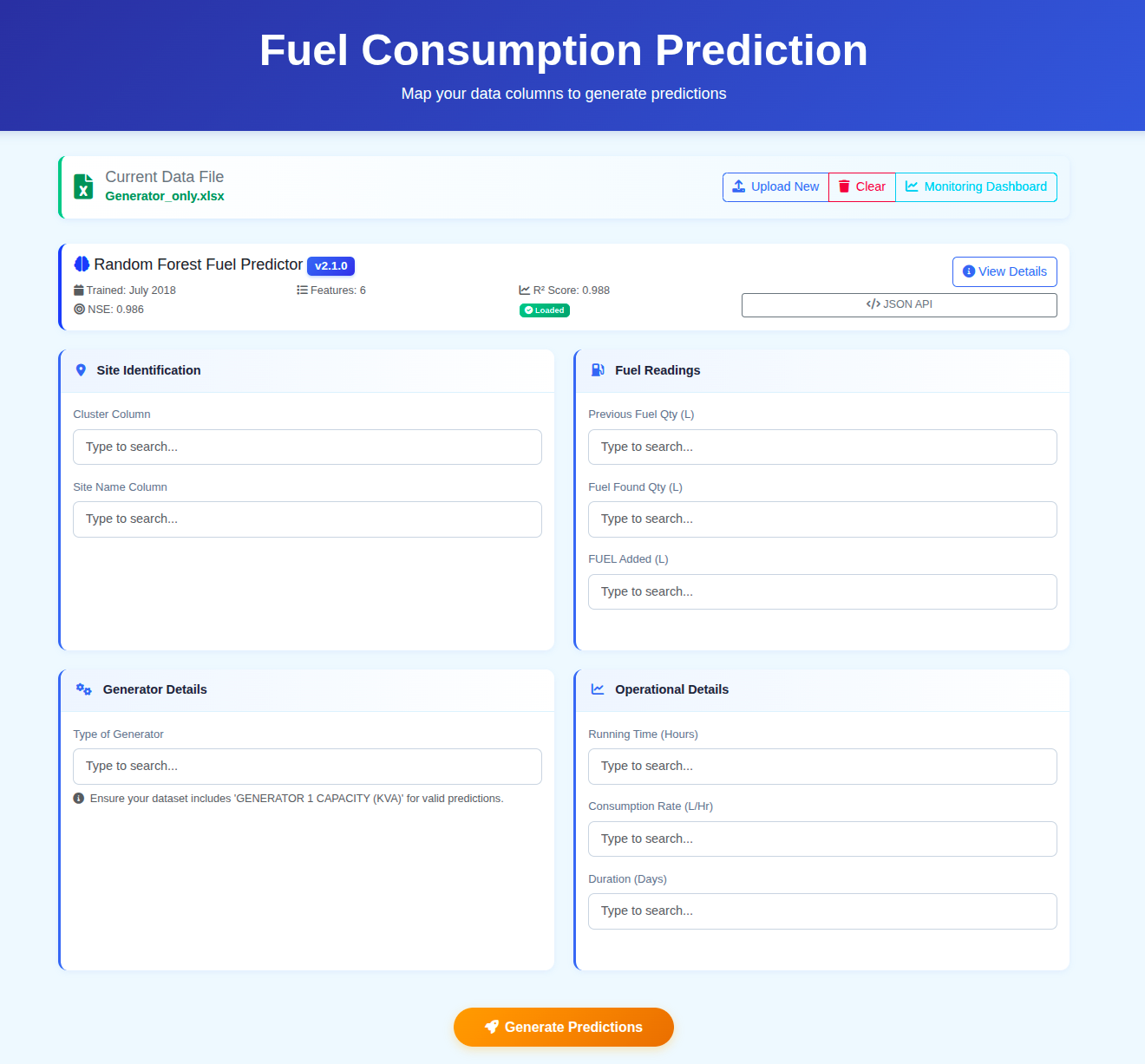 The main application interface, with the JSON API panel and the column mapping controls